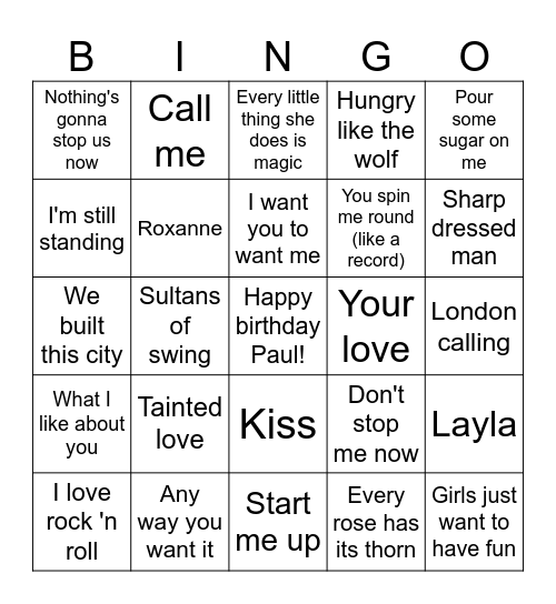 80's Hits Bingo Card