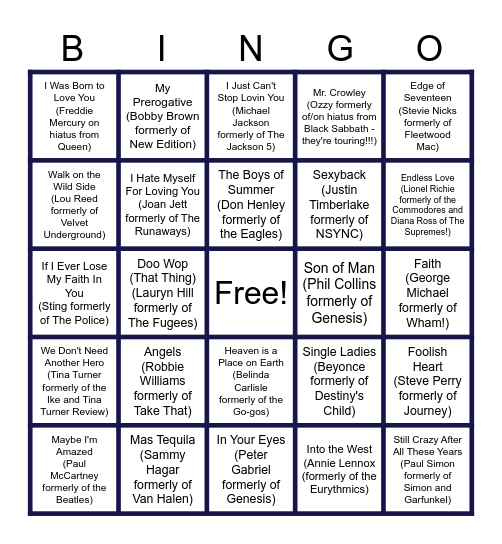 MUSIC BINGO at the Ann Arbor Eagles!  Left the band... to be a STAR! Bingo Card