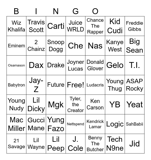 Rap Bingo Card