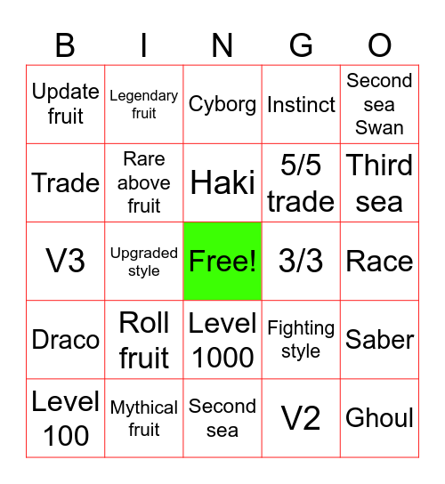 Blox Fruits Bingo Card