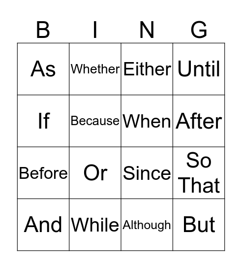 Conjunctions Bingo Card