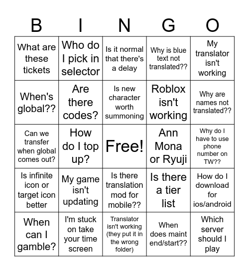 P5X New Version Bingo Card