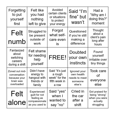 Dealing with Compassion Fatigue Bingo Card