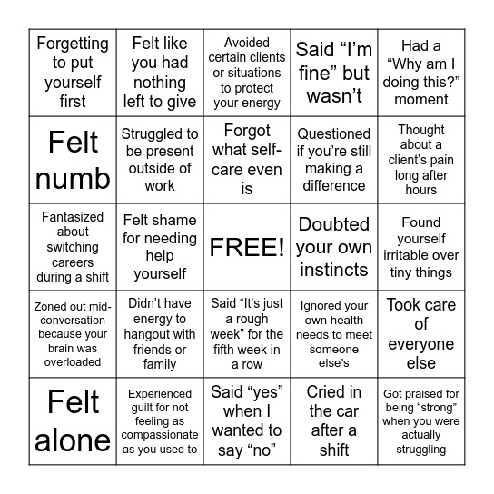 Dealing with Compassion Fatigue Bingo Card