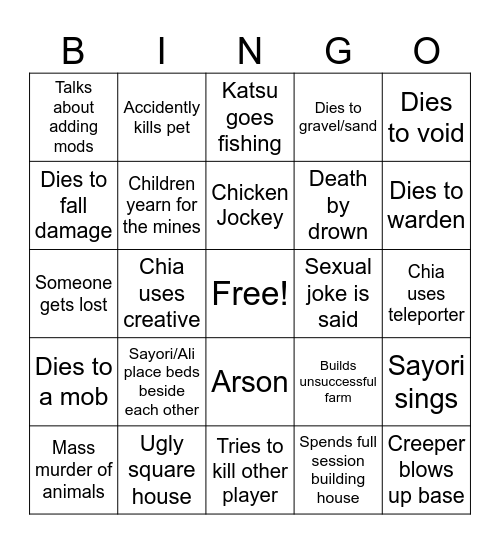 Minecraft bingo Card