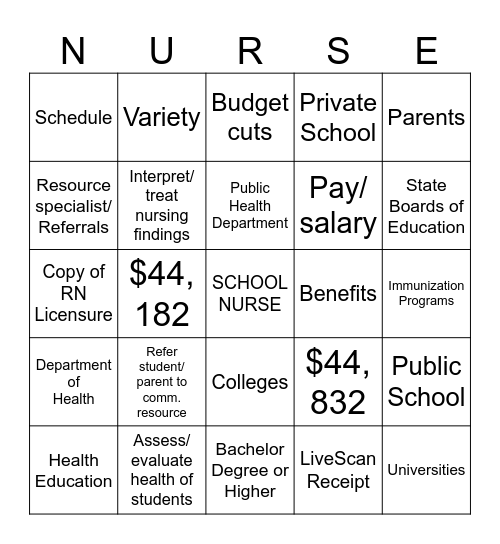 SCHOOL Bingo Card