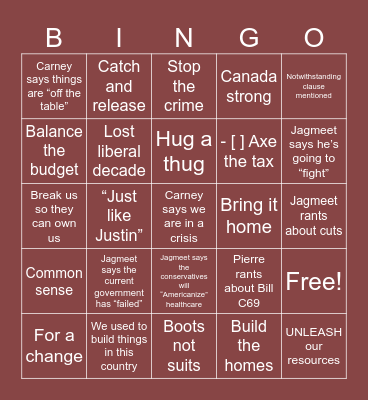 Canadian Federal Debate Bingo Card