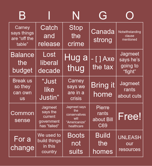 Canadian Federal Debate Bingo Card