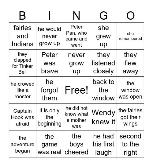 Common Peter Pan Phrases Bingo Card