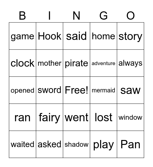 Peter Pan Words Bingo Card