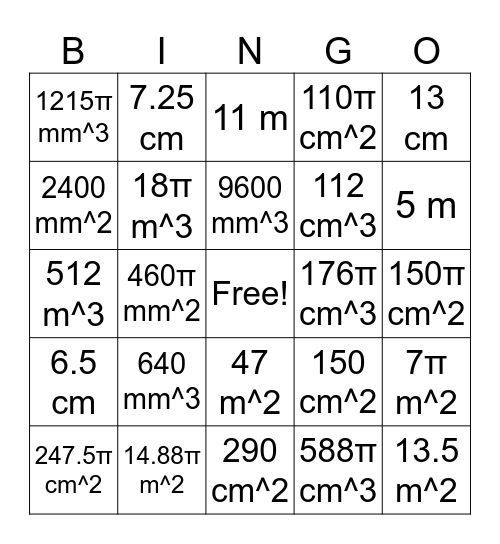 IG Math G6 Surface Area and Volume Bingo Card