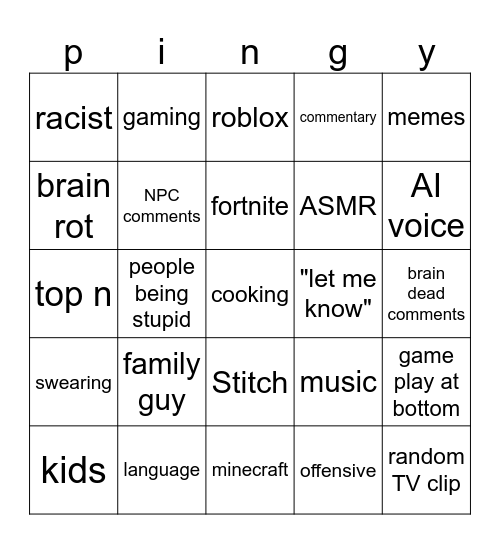 shorts Bingo Card