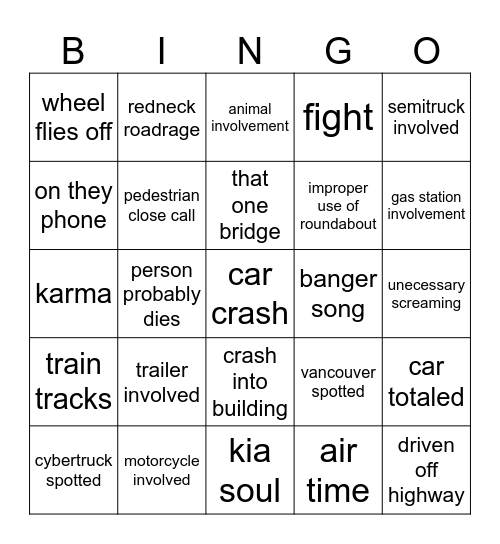 car crash bingo Card