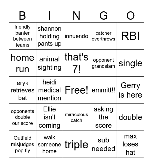 Odd Ball Softball Bingo Card