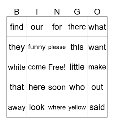 Dolch List BINGO Card
