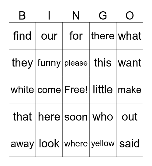 Dolch List BINGO Card
