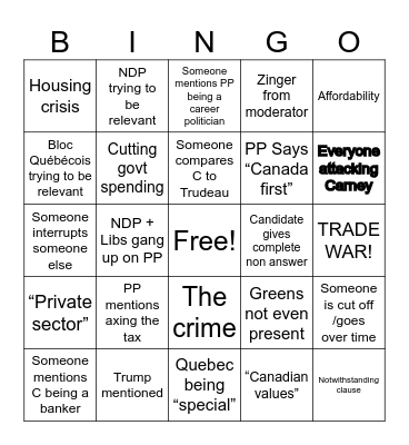 Federal Leader Debate Bingo Card