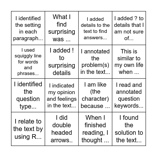 BINGO! Reader Response (Deep Annotation) Bingo Card