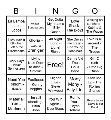 80s Party Hits Bingo Card