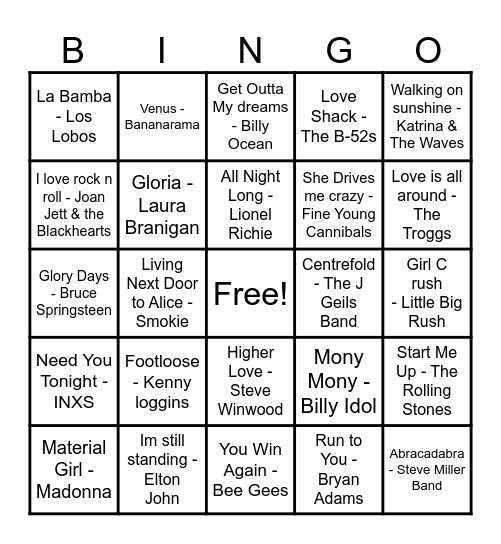 80s Party Hits Bingo Card