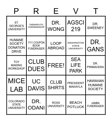 Pre Vet Club 2025 Bingo Card