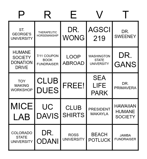 Pre Vet Club 2025 Bingo Card