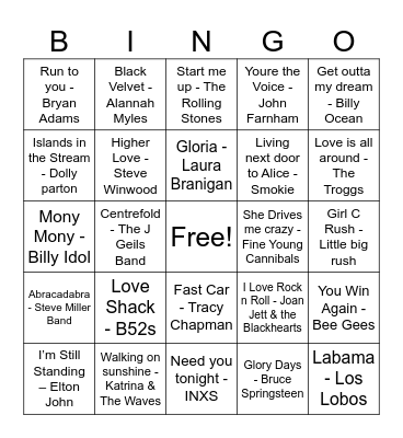 80s Party Hits Bingo Card
