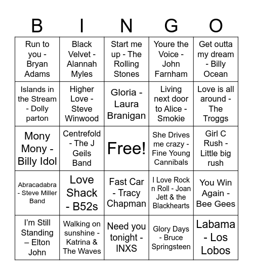 80s Party Hits Bingo Card