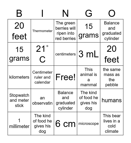 5th Grade Science Bingo Card