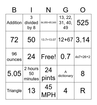 4th Grade Math Bingo Card