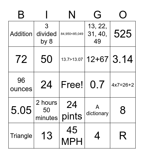 4th Grade Math Bingo Card