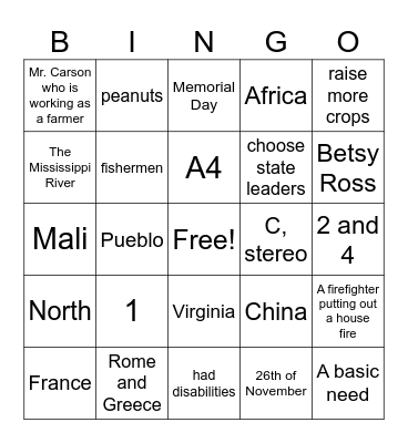 3rd Grade History Bingo Card