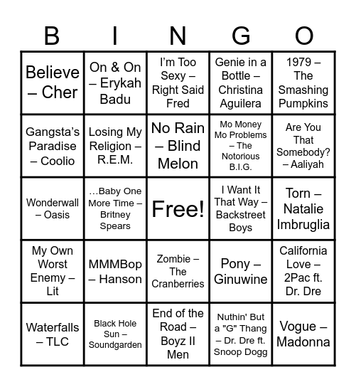 90's Music Bingo Card