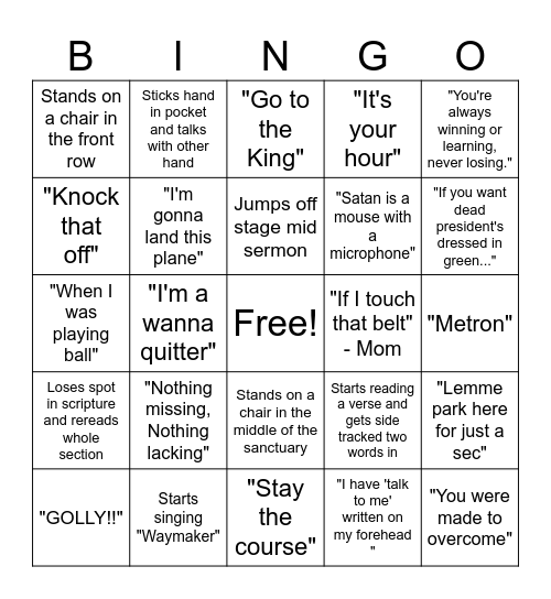 Pastor G Sermon Bingo Card