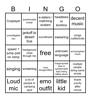 evade vc only server bingo Card
