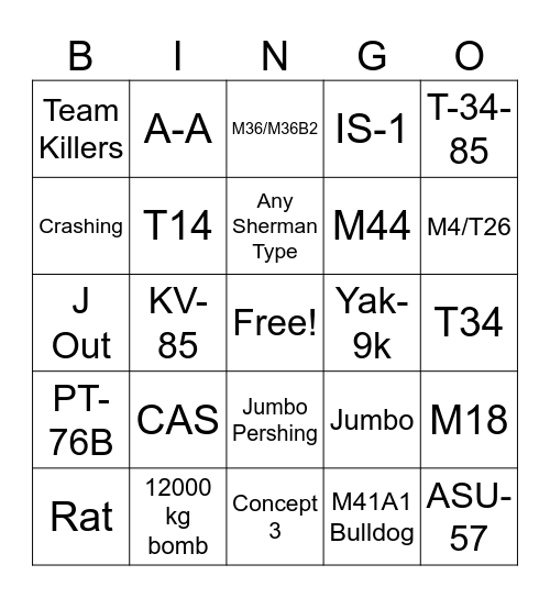 War Thunder Death BINGO Card