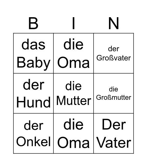 Meine Familie Bingo Card
