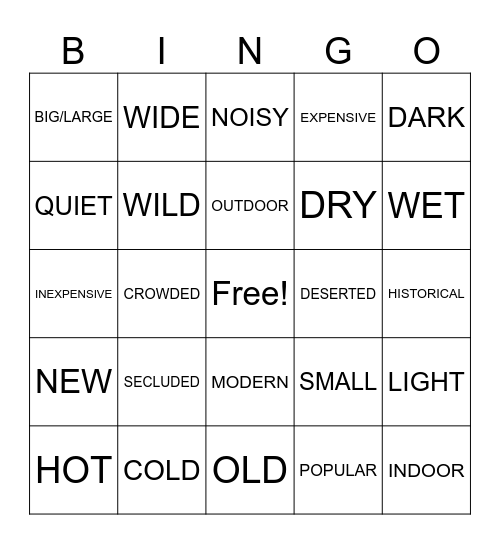 Adjective Bingo Card