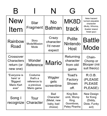 Mario Kart World Bingo Card