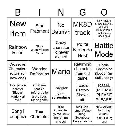 Mario Kart World Bingo Card