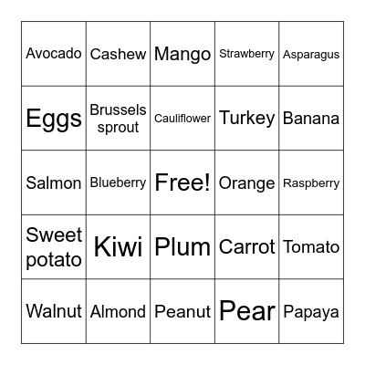 Nutrition Bingo Card
