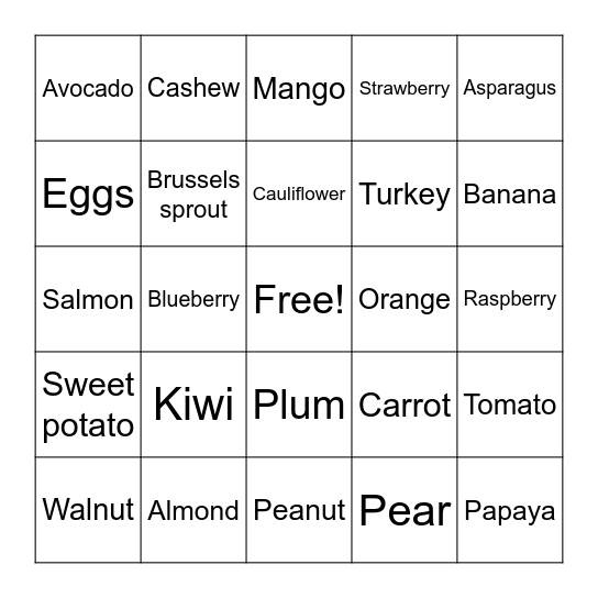 Nutrition Bingo Card