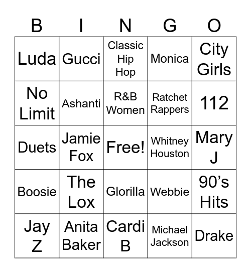 Hip Hop & R&B Bingo Card