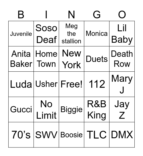 Hip Hop & R&B Bingo Card