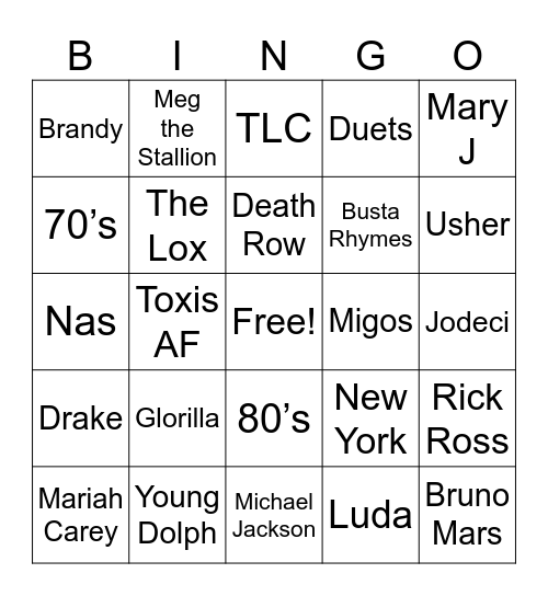 R&B Hip Hop Bingo Card