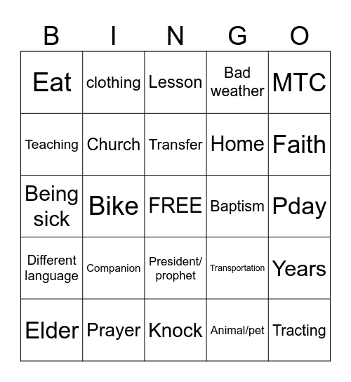 Missionary Bingo Card
