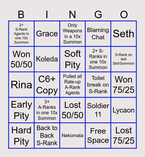 ZZZ Summon Bingo Card