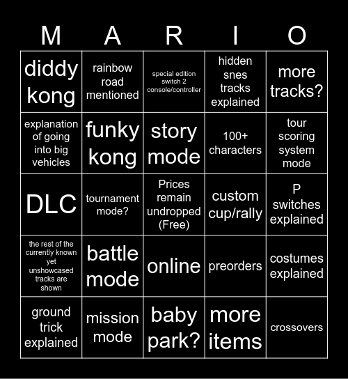mario kart world direct Bingo Card