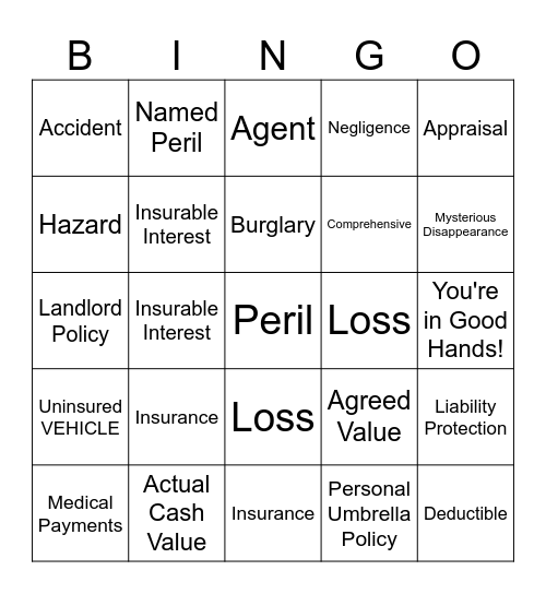 Insurance Bingo Card