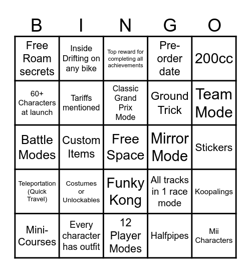 Mario Kart World Bingo Card